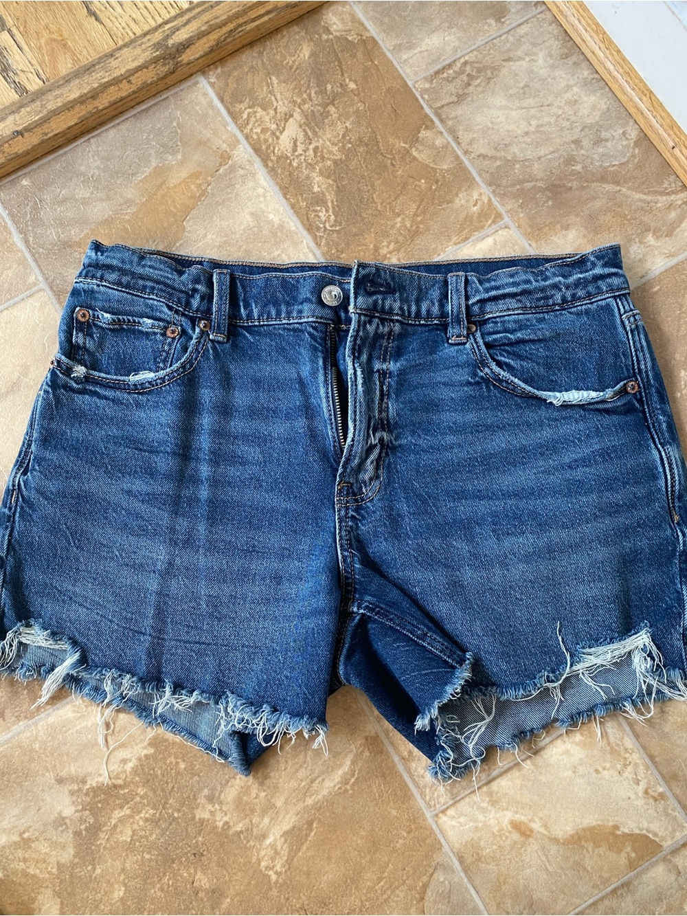 American Eagle Outfitters Dark Blue Frayed Hem Denim Shorts